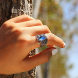 Fashion Rhombus Cut Blue Horse Eye Hollow Leaf Ring - Rings Universe