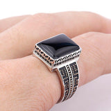 Black Rectangle Agate Stone Mature Charm Ring - Rings Universe
