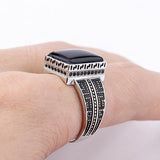 Black Rectangle Agate Stone Mature Charm Ring - Rings Universe
