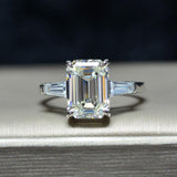 Silver Emerald Cut Created Moissanite Diamonds Ring - Rings Universe