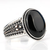 Silver Oval Black Agate with Black CZ Vintage Ring - Rings Universe