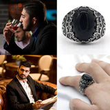 Carved Design Natural Agate Big Black/Red Stone Ring - Rings Universe