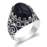 Carved Design Natural Agate Big Black/Red Stone Ring - Rings Universe