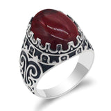 Carved Design Natural Agate Big Black/Red Stone Ring - Rings Universe
