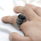 Carved Design Natural Agate Big Black/Red Stone Ring - Rings Universe