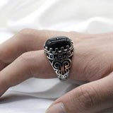 Carved Design Natural Agate Big Black/Red Stone Ring - Rings Universe