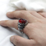 Carved Design Natural Agate Big Black/Red Stone Ring - Rings Universe