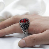 Carved Design Natural Agate Big Black/Red Stone Ring - Rings Universe