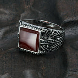 Silver Flower Engraved Black Green Red Natural Onyx Ring - ringsuniverse