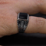 Silver Flower Engraved Black Green Red Natural Onyx Ring - ringsuniverse