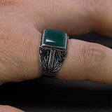 Silver Flower Engraved Black Green Red Natural Onyx Ring - ringsuniverse