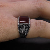 Silver Flower Engraved Black Green Red Natural Onyx Ring - ringsuniverse