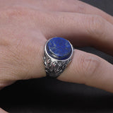 Solid Silver Natural Lapis Lazuli Tree Branches Engraved Ring - ringsuniverse