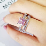 2021 New Luxury Pink Princess Cut Silver Ring set - ringsuniverse