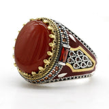 Red Natural Agate Stone Silver Vintage King Crown CZ Ring - Rings Universe
