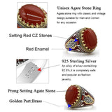 Red Natural Agate Stone Silver Vintage King Crown CZ Ring - Rings Universe