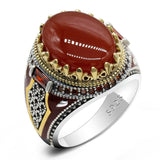 Red Natural Agate Stone Silver Vintage King Crown CZ Ring - Rings Universe
