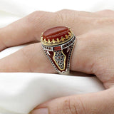 Red Natural Agate Stone Silver Vintage King Crown CZ Ring - Rings Universe