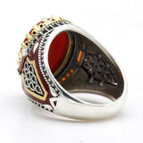 Red Natural Agate Stone Silver Vintage King Crown CZ Ring - Rings Universe