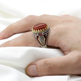 Red Natural Agate Stone Silver Vintage King Crown CZ Ring - Rings Universe