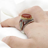 Red Natural Agate Stone Silver Vintage King Crown CZ Ring - Rings Universe