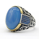 New Authentic Silver Antique Blue Zircon Blue Agate Ring - Rings Universe
