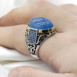 New Authentic Silver Antique Blue Zircon Blue Agate Ring - Rings Universe