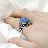 New Authentic Silver Antique Blue Zircon Blue Agate Ring - Rings Universe