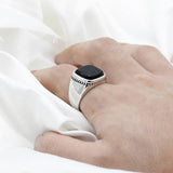 Silver Square Agate Aqeeq Black Signet Ring - Rings Universe