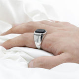 Silver Square Agate Aqeeq Black Signet Ring - Rings Universe