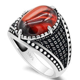 Natural Red Garnet Stone & Black CZ Vintage Silver Ring - Rings Universe