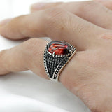 Natural Red Garnet Stone & Black CZ Vintage Silver Ring - Rings Universe