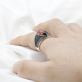Natural Red Garnet Stone & Black CZ Vintage Silver Ring - Rings Universe
