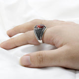 Natural Red Garnet Stone & Black CZ Vintage Silver Ring - Rings Universe