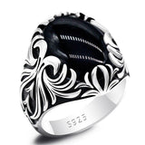 Black Agate Silver Vintage Carved Ring - Rings Universe
