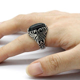 Black Agate Silver Vintage Carved Ring - Rings Universe