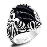 Black Agate Silver Vintage Carved Ring - Rings Universe