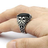 Black Agate Silver Vintage Carved Ring - Rings Universe