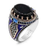 Vintage Black Agate with Blue Enamel Ring - Rings Universe