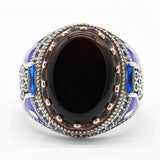 Vintage Black Agate with Blue Enamel Ring - Rings Universe