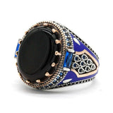 Vintage Black Agate with Blue Enamel Ring - Rings Universe