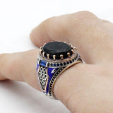 Vintage Black Agate with Blue Enamel Ring - Rings Universe