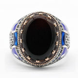 Vintage Black Agate with Blue Enamel Ring - Rings Universe