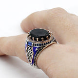 Vintage Black Agate with Blue Enamel Ring - Rings Universe