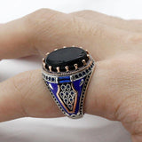 Vintage Black Agate with Blue Enamel Ring - Rings Universe