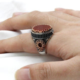 Natural Red Agate Silver & Black Zircon Crystals Ring - Rings Universe