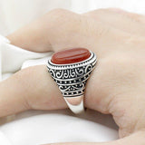 Antique Carving Red Agate Stone Real Silver Ring - Rings Universe