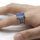 Solid Silver Natural Blue Agate Blue Zircon Antique Ring - ringsuniverse