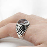 New Vintage Men Ring with Natural Agate Stone in Sterling Silver - ringsuniverse