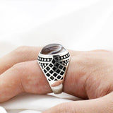 New Vintage Men Ring with Natural Agate Stone in Sterling Silver - ringsuniverse